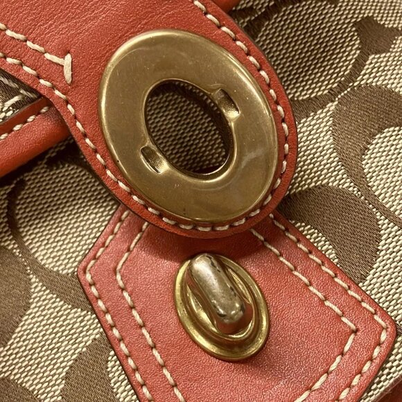 Auth COACH Signature Cricket Shoulder Bag 10566S Khaki Red Jacquard Leather - Picture 11 of 16